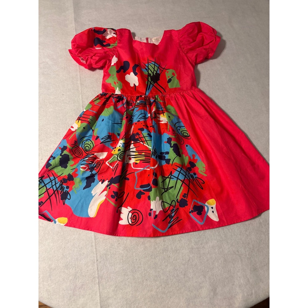 Kids Abstract Print Puff Sleeve Dress Bright Pink Multi Color Size 160